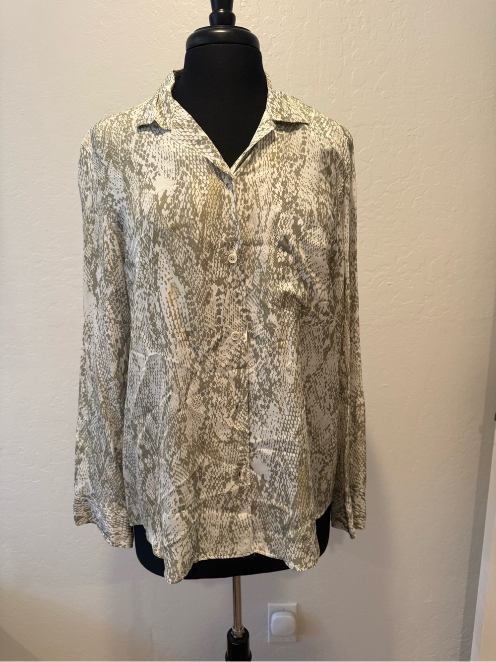 Zara Olive Green and Cream Snake Print Button-Up Blouse